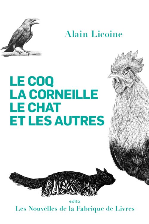 Dessin d'un coq, d'un chat et d'une corneille
