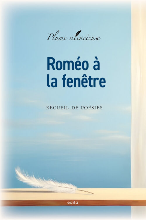 Vue d'un ciel bleu d'une fenêtre ouverte, avec une plume posée sur le rebord