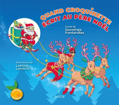 Le père Noël dans le ciel avec ses rennes amusants