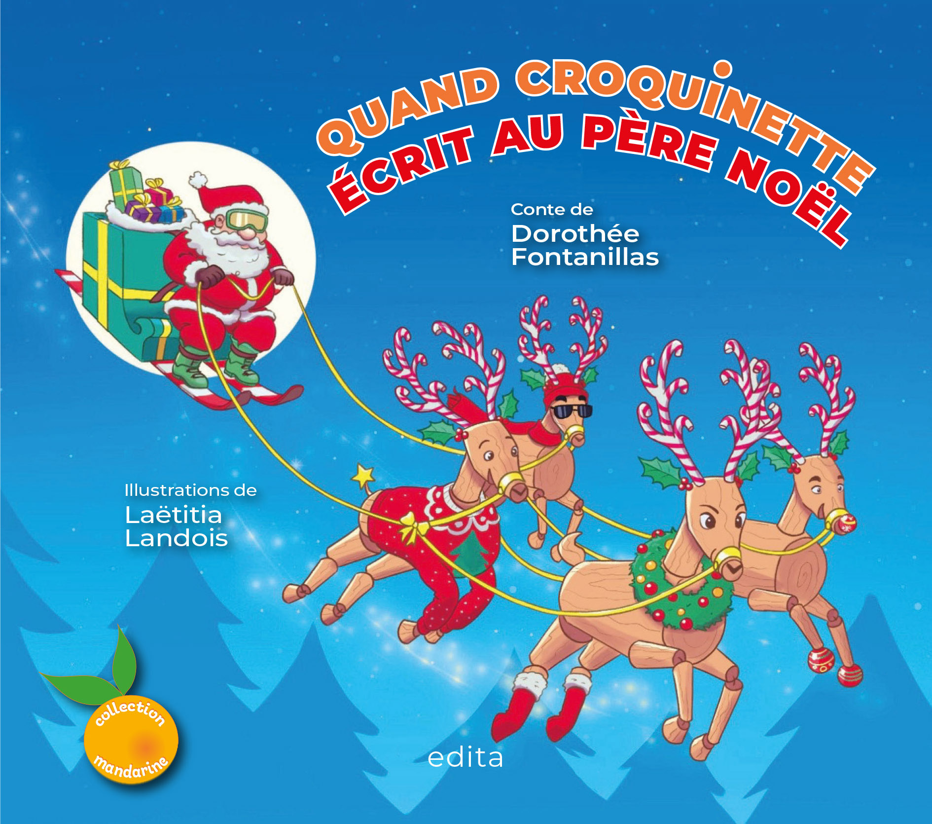 Le père Noël dans le ciel avec ses rennes amusants